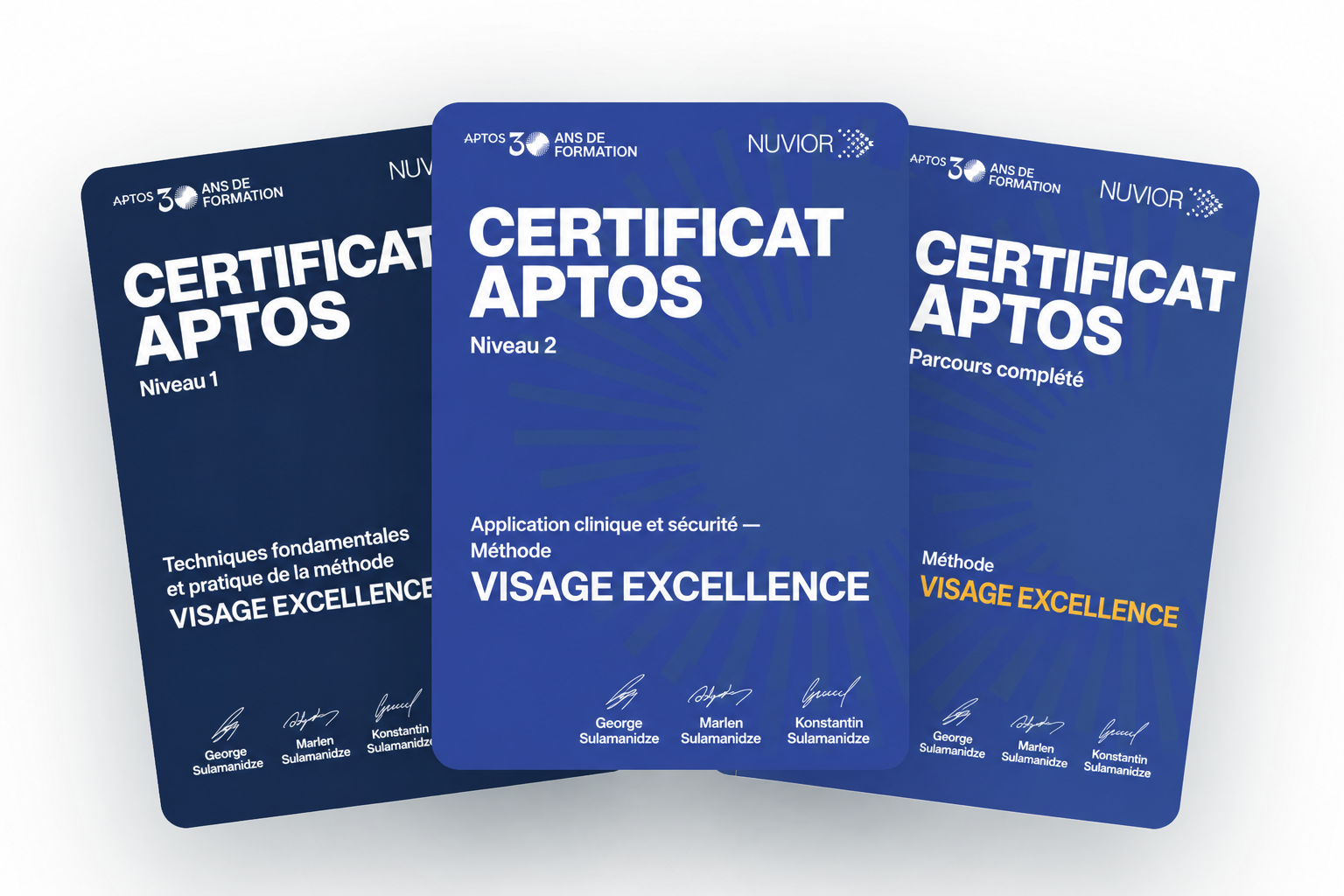 Illustration en français des certificats Aptos et Nuvior, niveaux 1 et 2 et parcours complété
